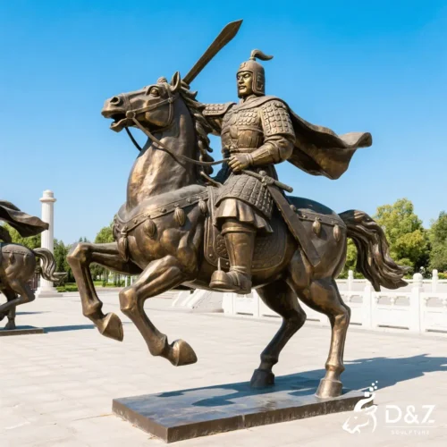 Detailed bronze ancient Chinese soldier statue standing guard with sword