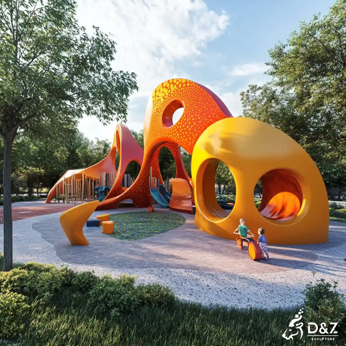 Large interactive custom-themed playground sculptures, playful urban art sculpture for children's park.