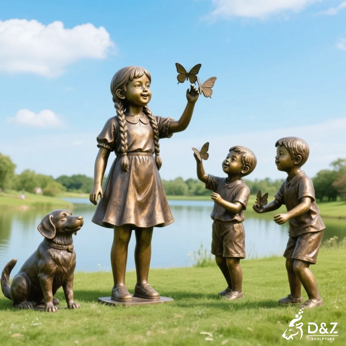 Bronze boy and girl garden statues with dog, emotional public art sculpture for community greens.