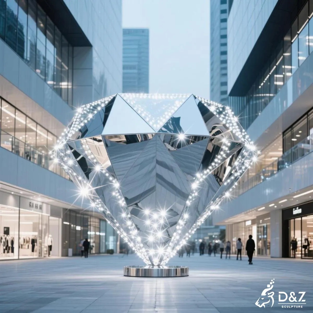 Custom 3D diamond art sculpture, geometric metal sculpture for luxury shopping mall decor.