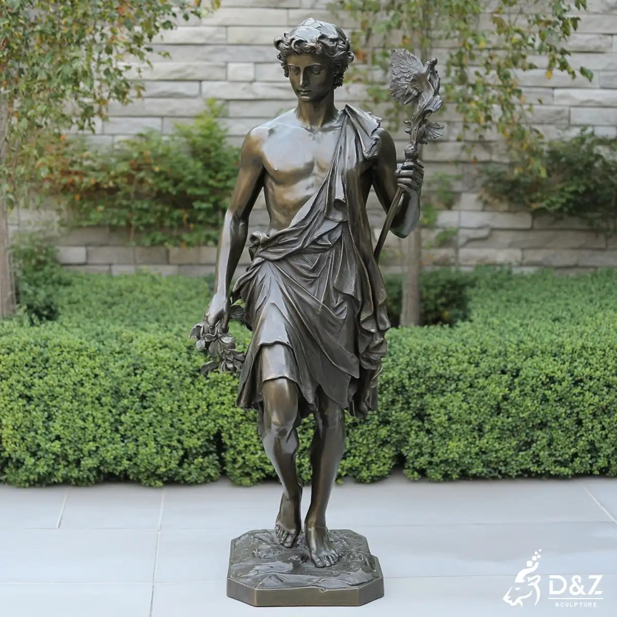 Elegant bronze Greek god Hermes statue, classical public art sculpture for prestigious business district.