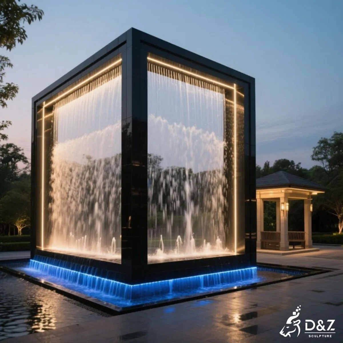 Modern metal black square water fountain, minimalist urban sculpture for corporate office courtyard.