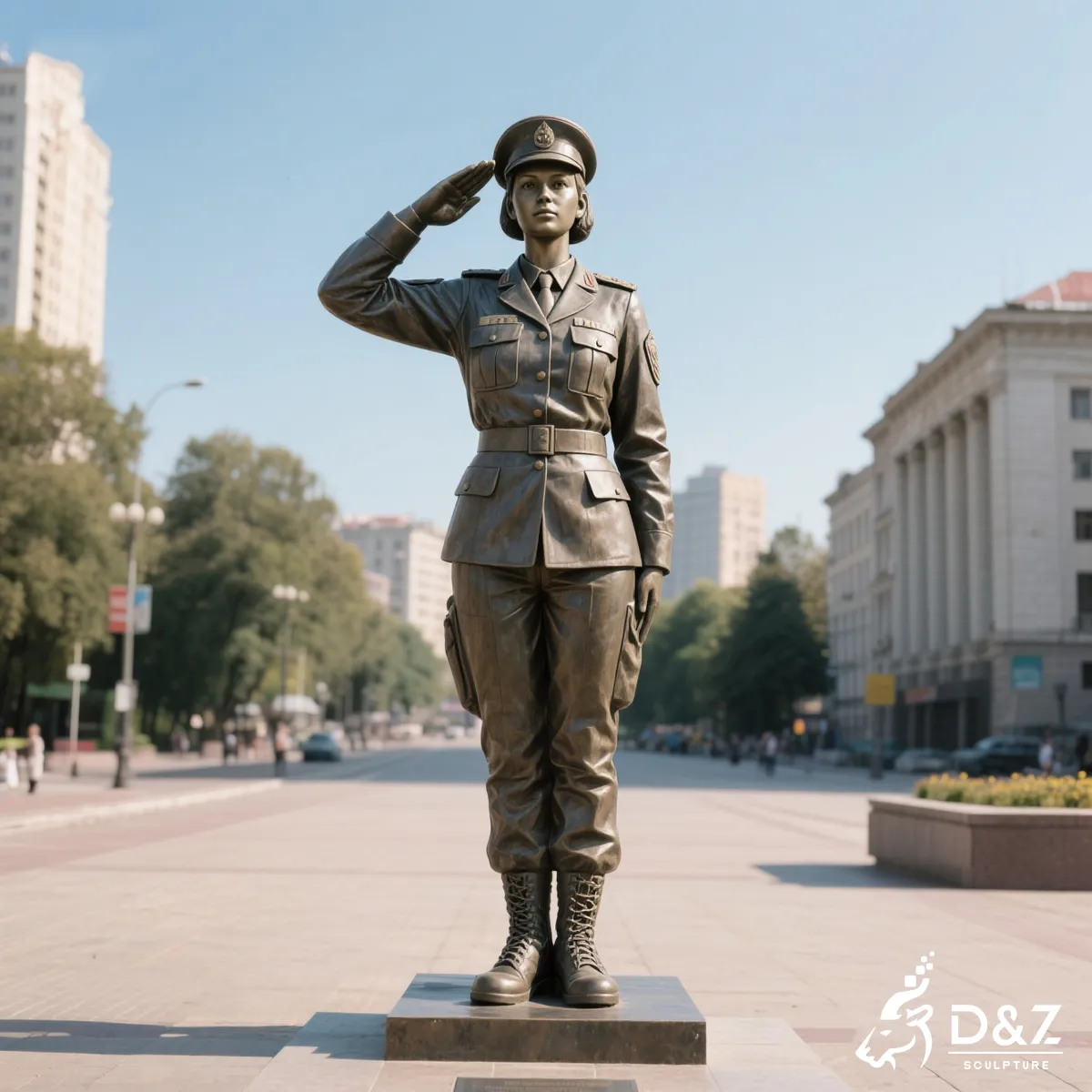 Modern bronze saluting female soldier statue representing women in military service. Modern bronze saluting female soldier statue representing women in military service.