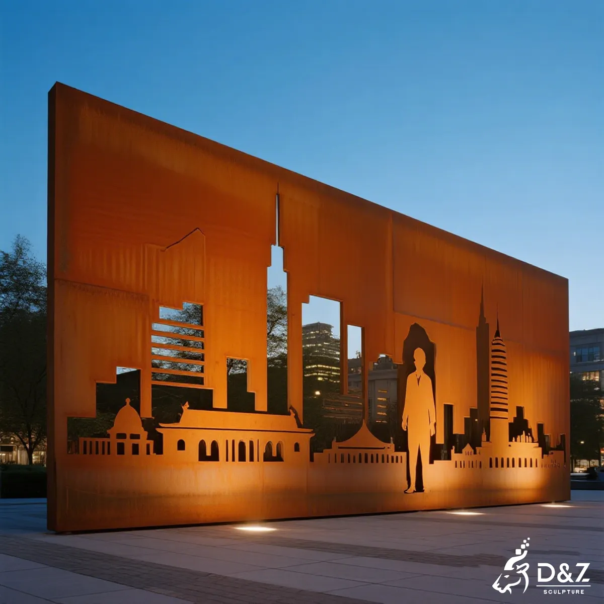 Custom corten steel silhouette sculpture of cityscape skyline, contemporary memorial art installation.