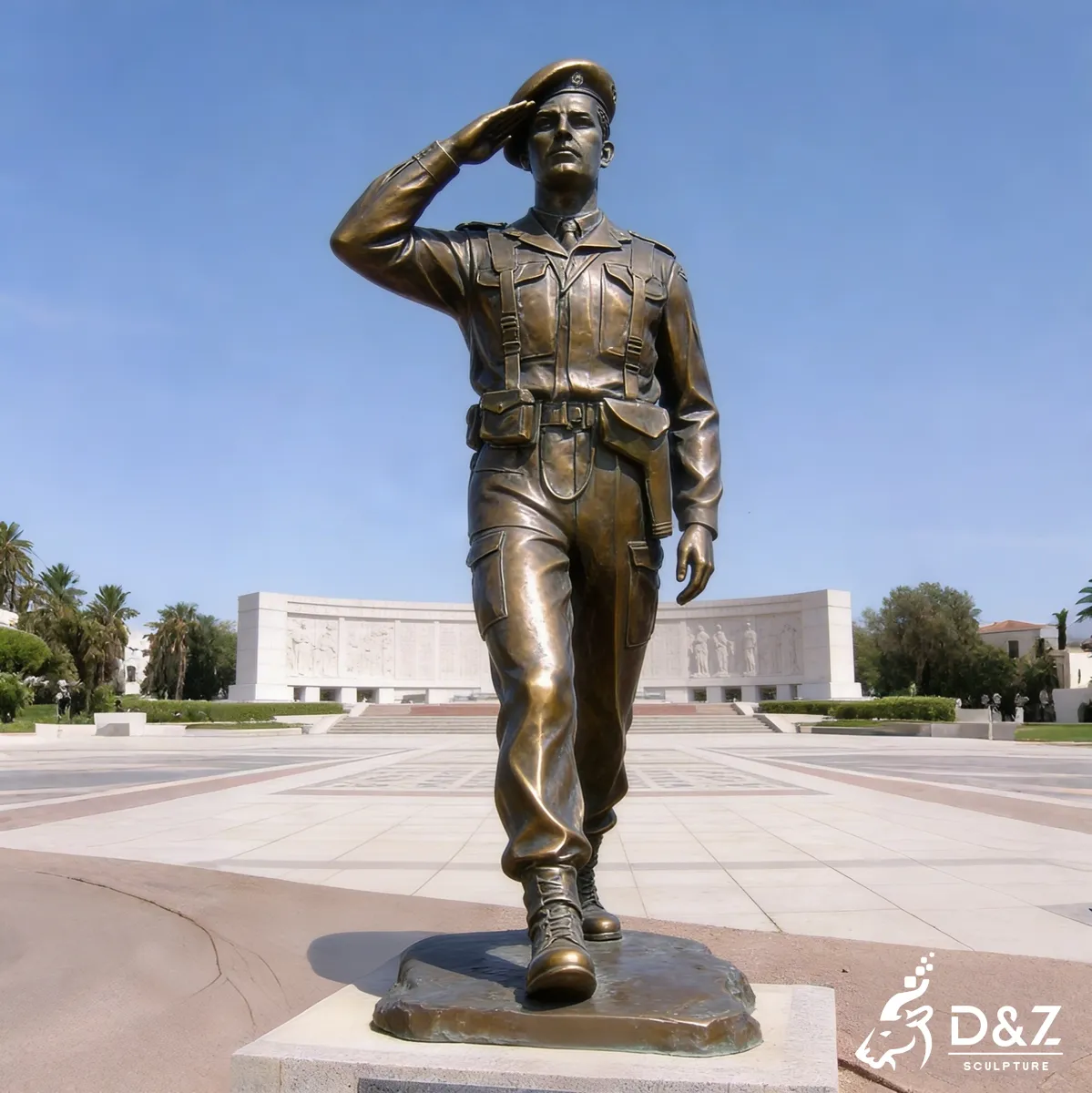 Majestic bronze saluting soldier statue for outdoor memorial space and veteran honor. Majestic bronze saluting soldier statue for outdoor memorial space and veteran honor.
