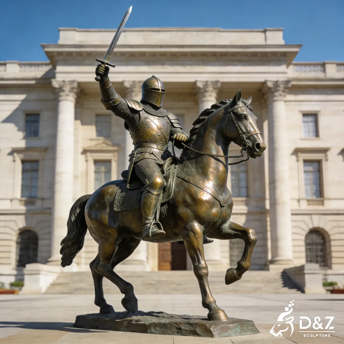 Custom large-scale bronze horse soldier statues for outdoor public landscape and memorial lawn. Custom large-scale bronze horse soldier statues for outdoor public landscape and memorial lawn.