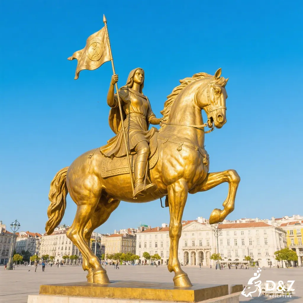 Heroic Joan of Arc gold statue crafted in polished brass with a victory flag.