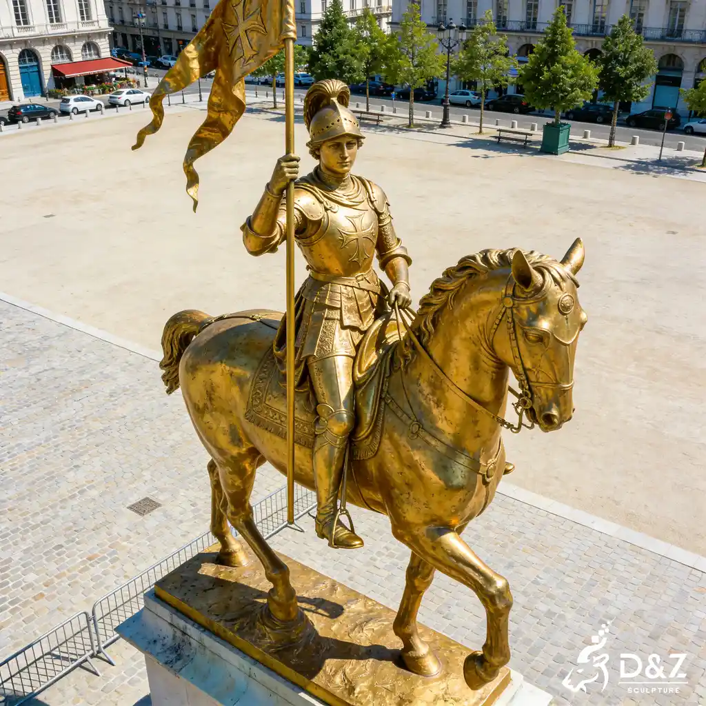Close-up of a soldier statue holding flag with intricate brass armor and horse details.