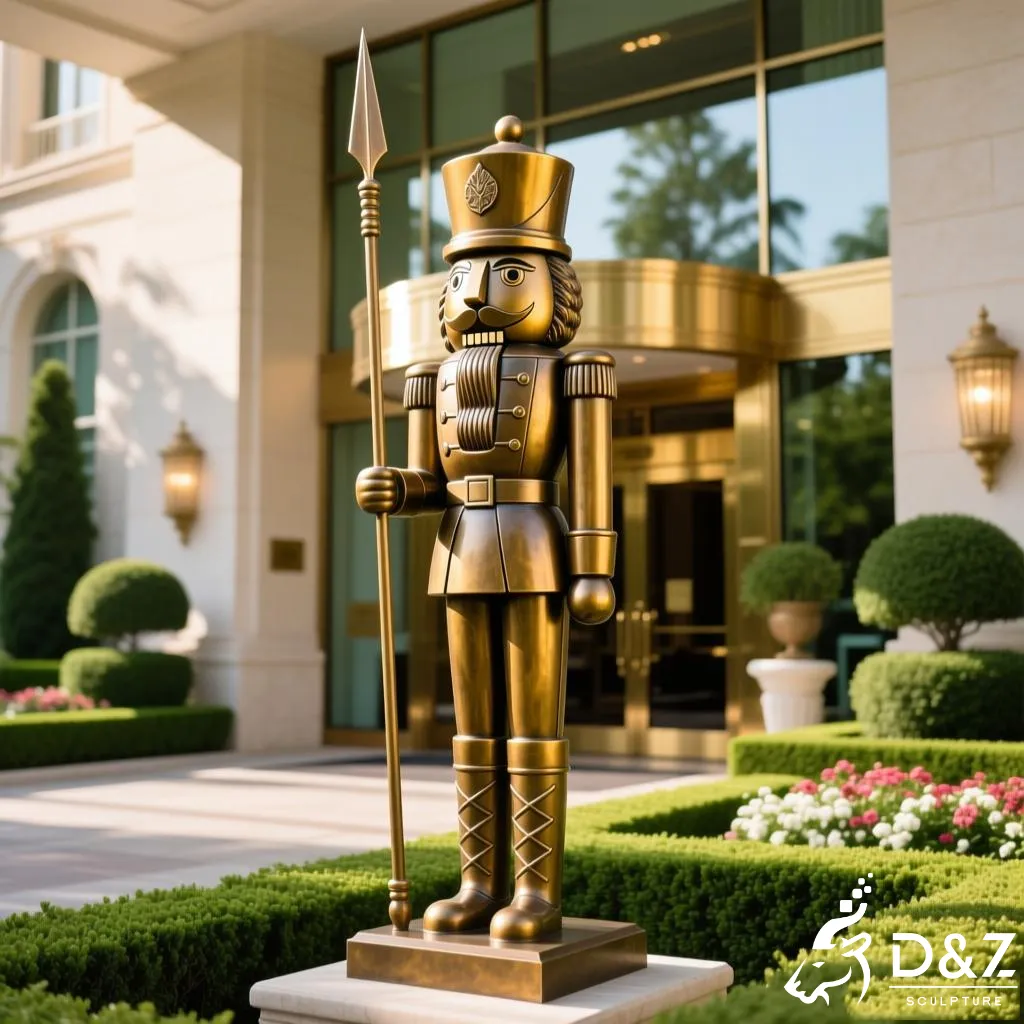 Regal black nutcracker statues flanking a modern corporate building entrance.