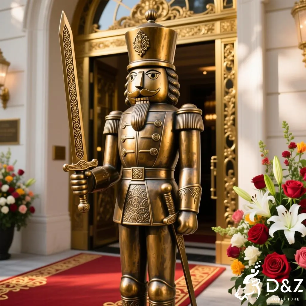 Large metal soldier statue nutcracker holding a sword in a snowy park setting.