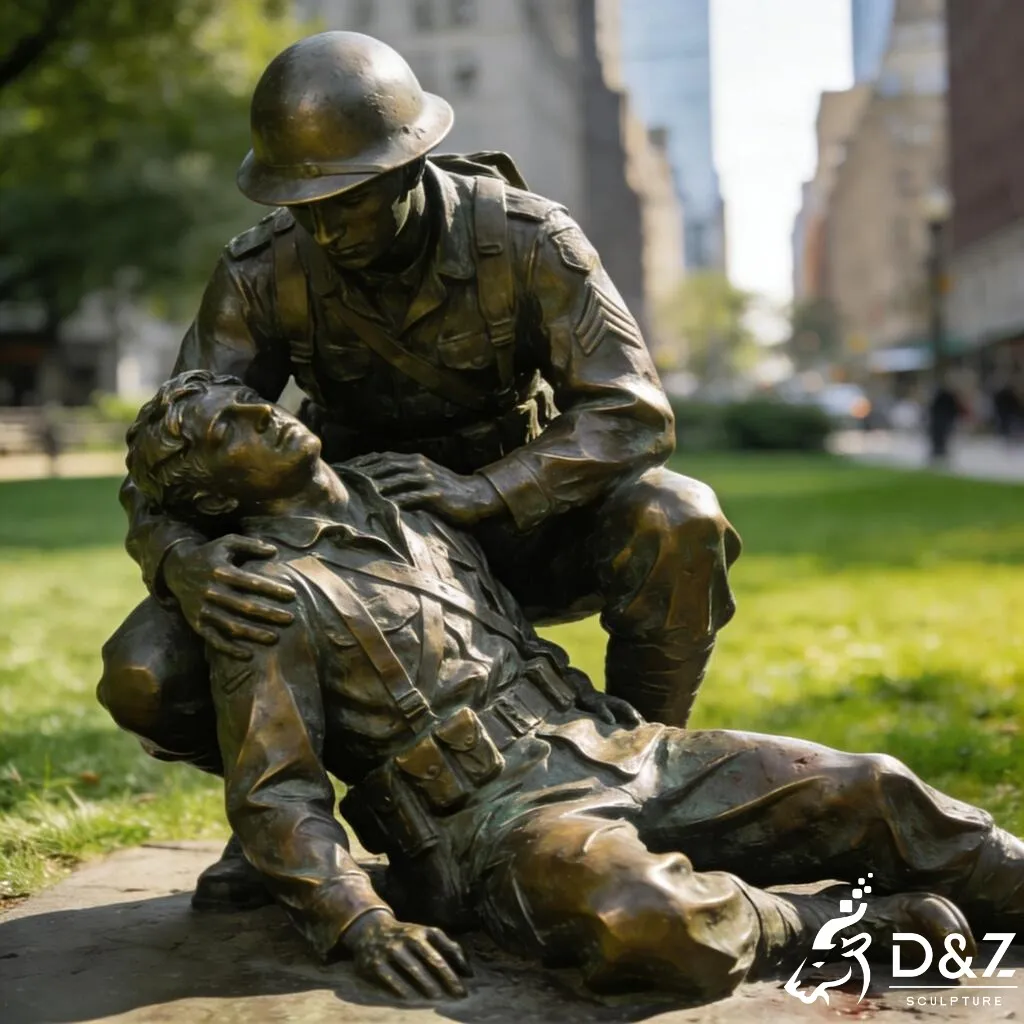 Bronze Wounded Soldier Carrying Soldier Statue for Memorial DZN439 Custom military soldier statues being finished at the D&Z Art Sculpture factory.
