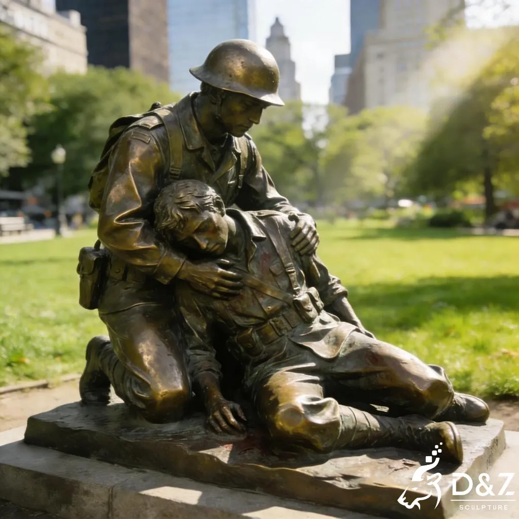 Bronze Wounded Soldier Carrying Soldier Statue for Memorial DZN439 Life-size bronze soldier carrying wounded soldier statue for outdoor military memorial.