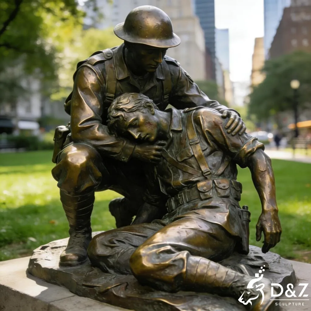 Bronze Wounded Soldier Carrying Soldier Statue for Memorial DZN439 Detailed bronze fallen soldier memorial statue showing lost-wax craftsmanship.