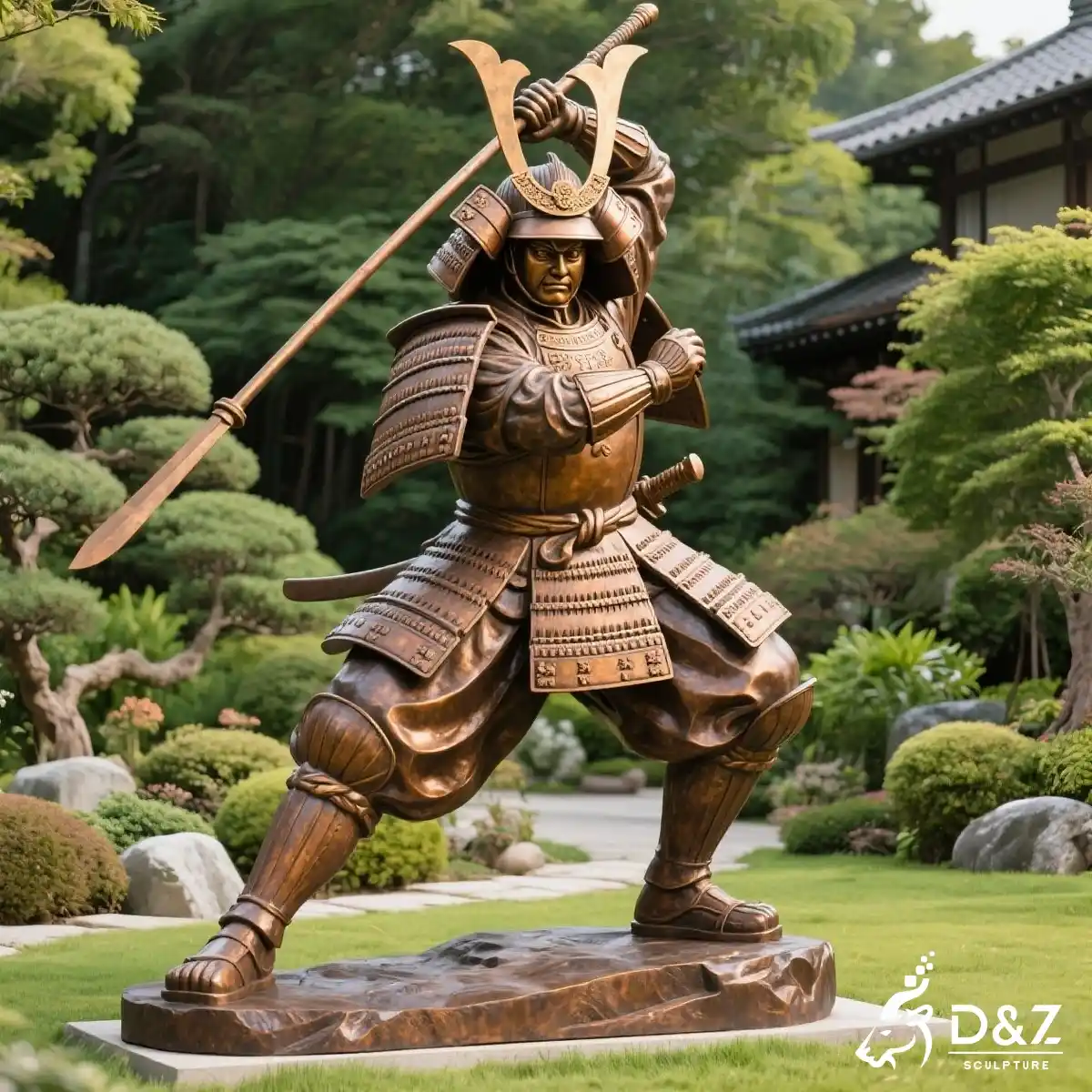 Large outdoor bronze Japanese soldier statue in traditional samurai armor for cultural park. Large outdoor bronze Japanese soldier statue in traditional samurai armor for cultural park.