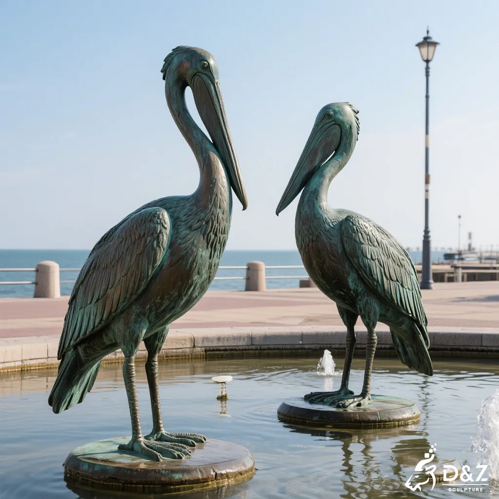A pair of different bronze pelican statues decor standing in a shallow pool with a beach background.