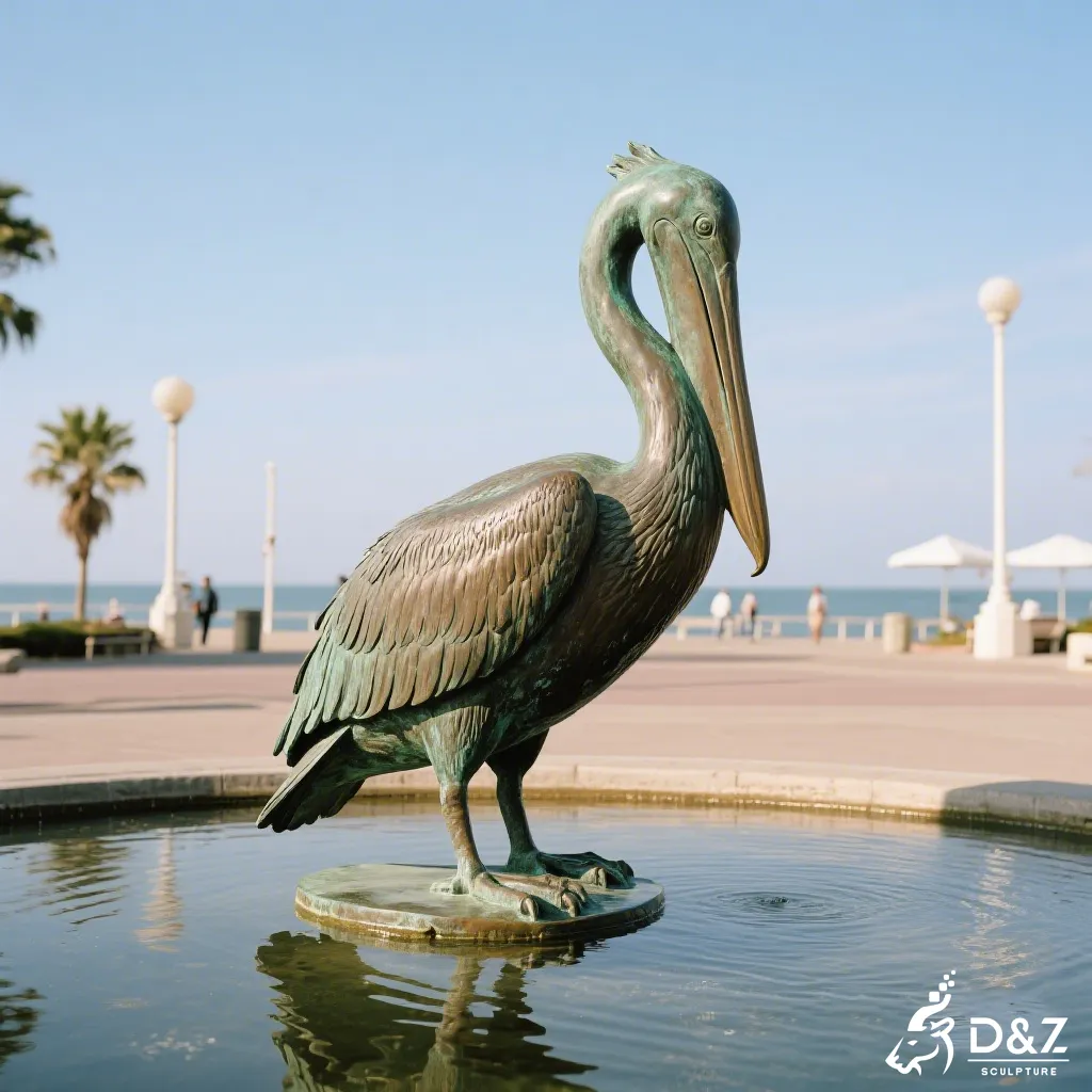 Giant pelican statue standing next to a person to show the impressive scale for public art projects.