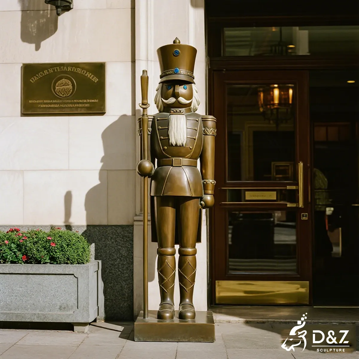Large outdoor bronze nutcracker soldier statue for Christmas decoration and commercial plaza. Christmas soldier statue 