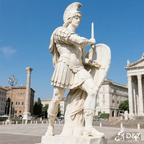 Hand-carved white marble roman soldier statue in a ready-to-fight stance with a sword, outdoor garden setting.