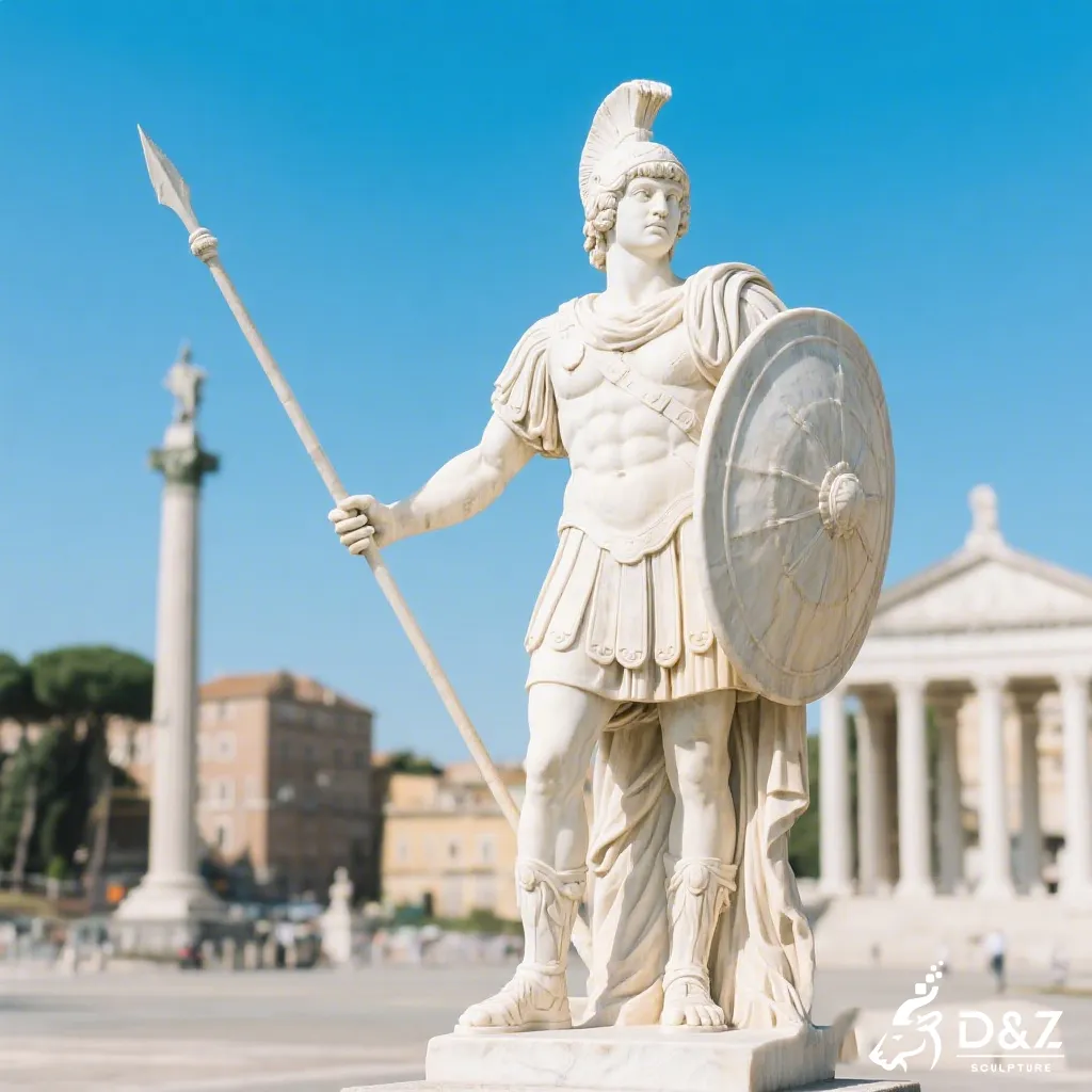 Ancient roman soldier statue holding a spear and shield, heroic marble warrior sculpture against a blue sky.