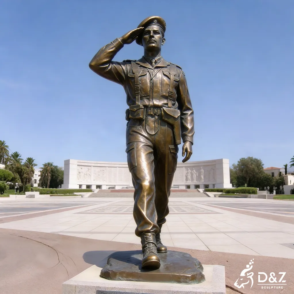 Saluting bronze soldier statue in military uniform for garden memorial park DZN430