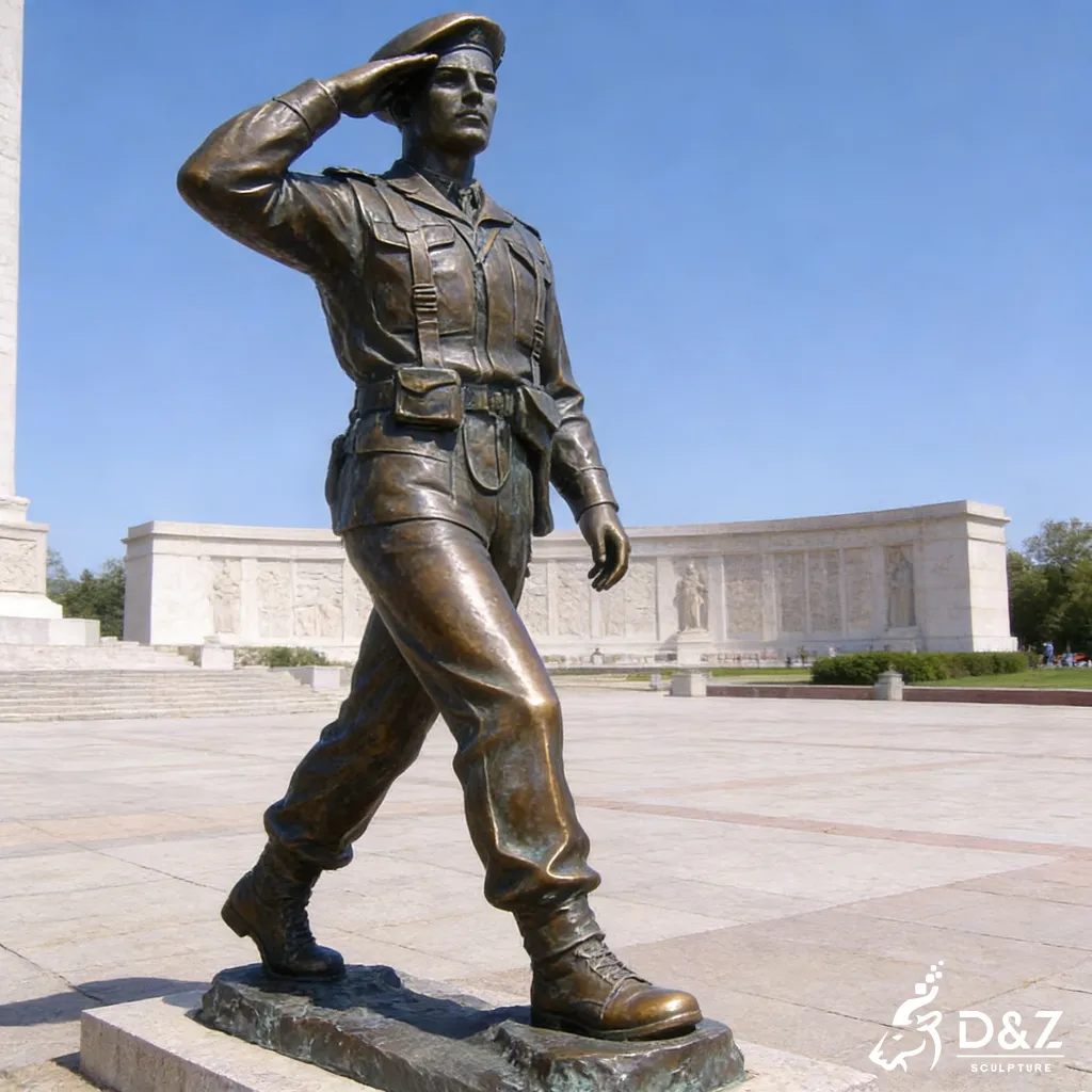 Saluting Bronze Soldier Statue for Garden Patriotic Memorial DZN430 Side view of monumental bronze soldier statue for veteran memorial plaza