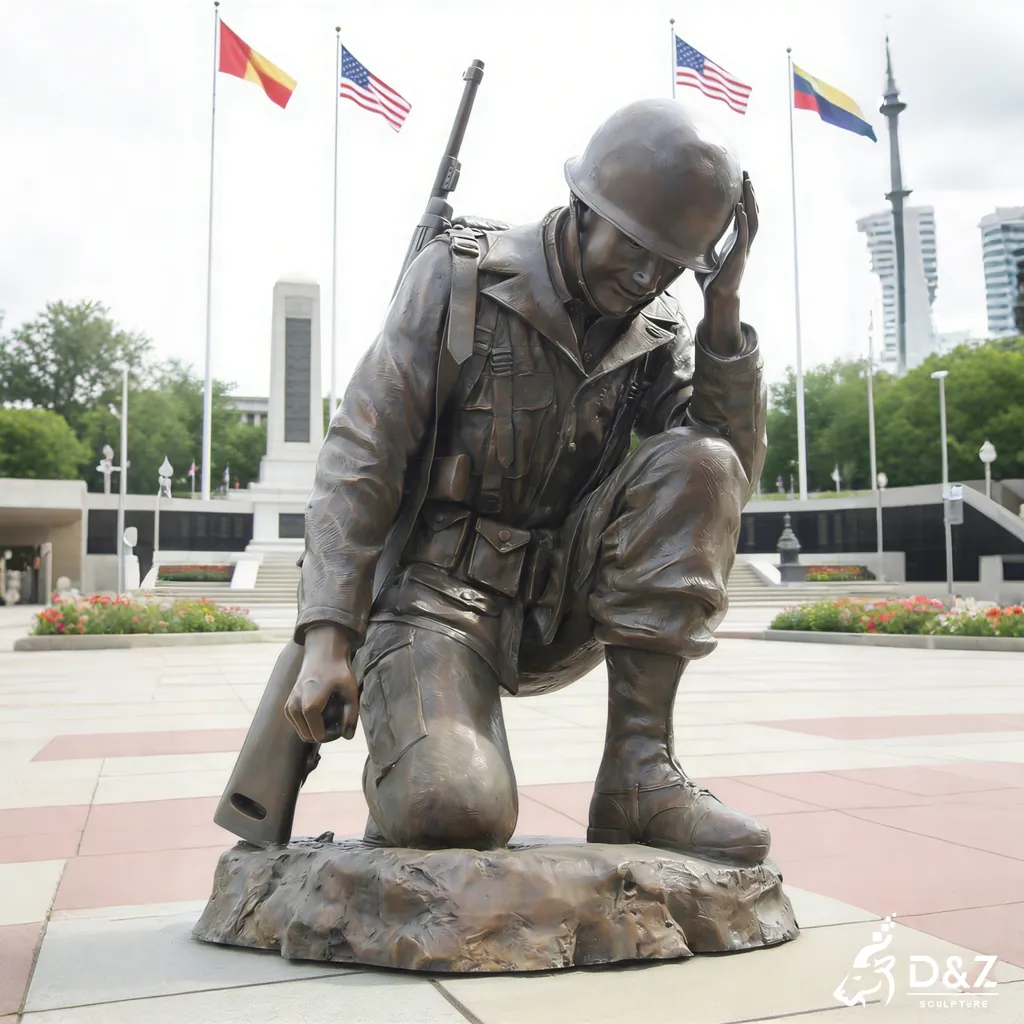 Custom bronze kneeling soldier memorial statue with national flags