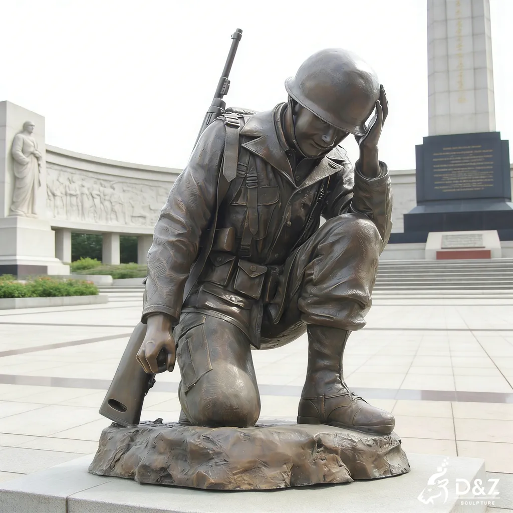 High-quality bronze army soldier statue in a kneeling pose