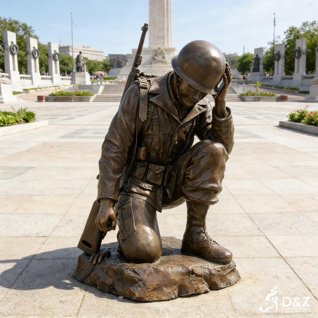 Military memorial kneeling soldier statue in an outdoor memorial plaza