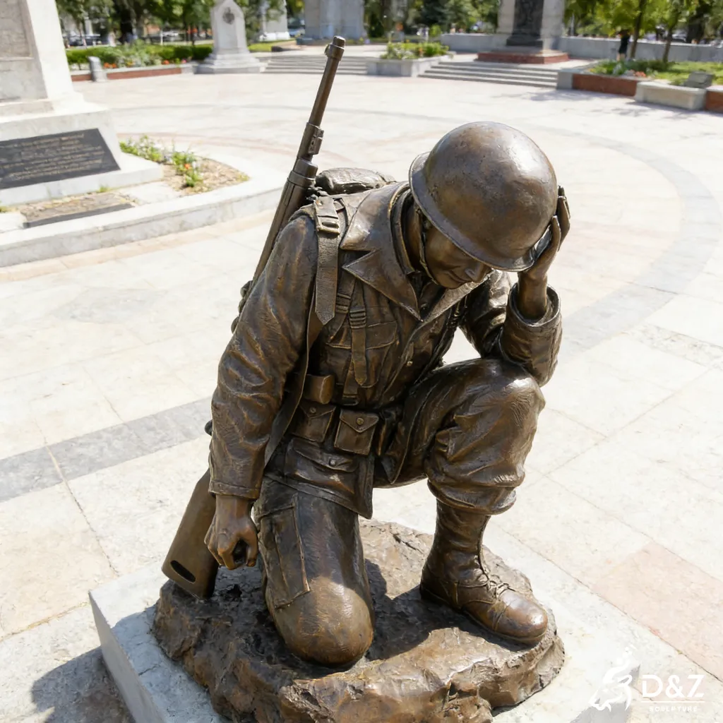 Side view of a bronze kneeling soldier statue for sale