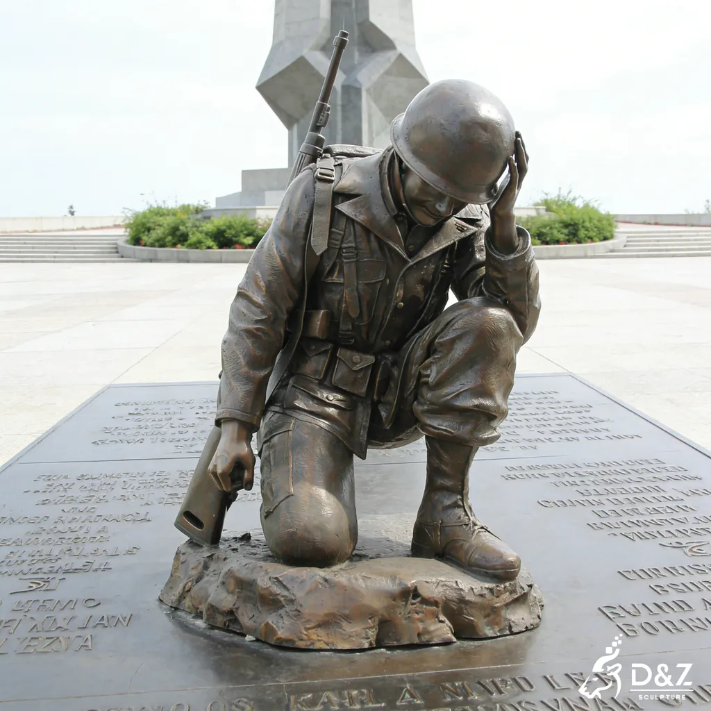Detailed bronze fallen soldier memorial statue with rifle