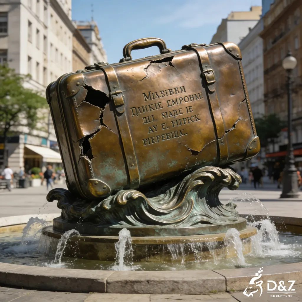 Bronze Suitcase Sculpture on Waves Urban Centerpiece Art DZN422-6