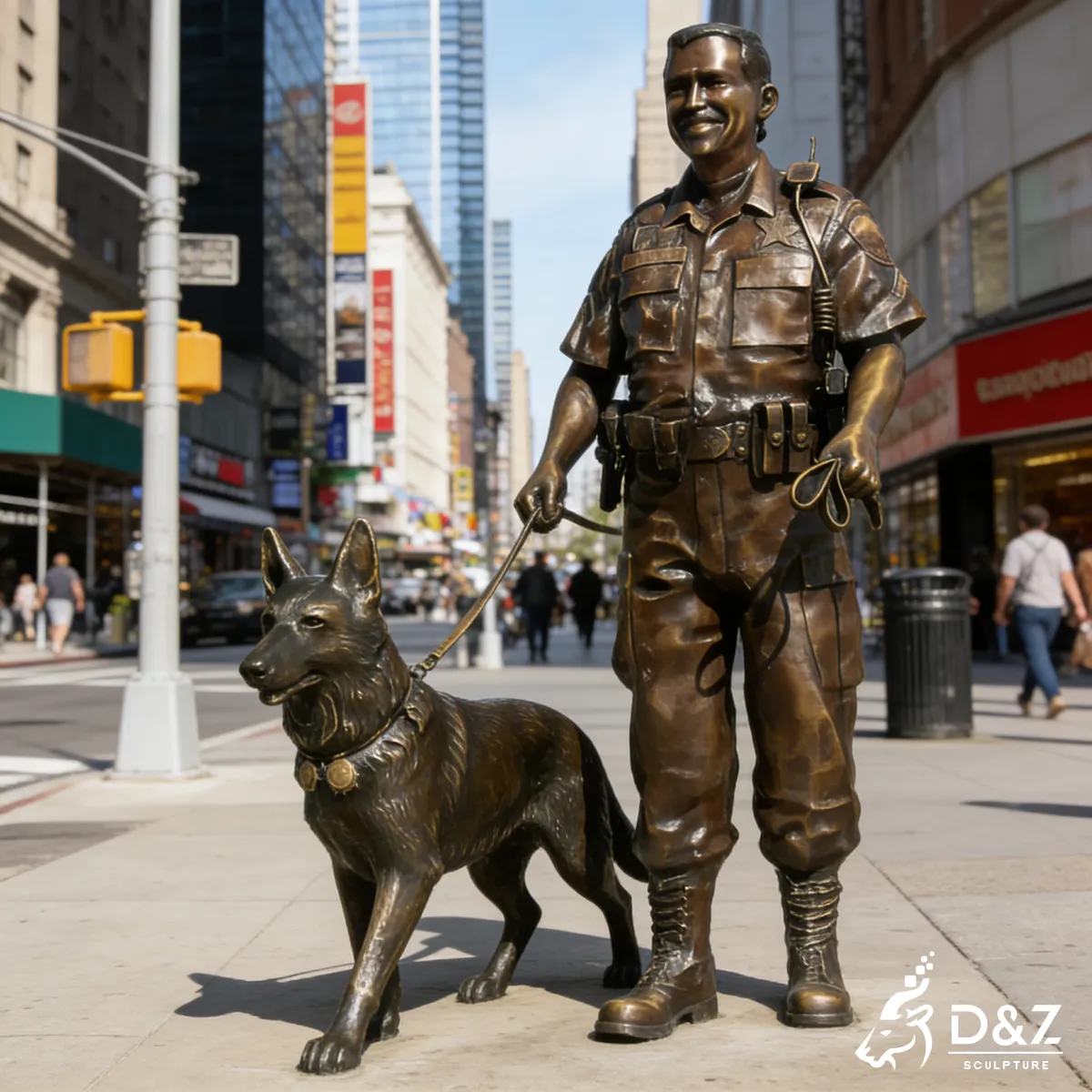 Heartwarming bronze soldier and dog statue commemorating K9 military service and loyalty. Heartwarming bronze soldier and dog statue commemorating K9 military service and loyalty.
