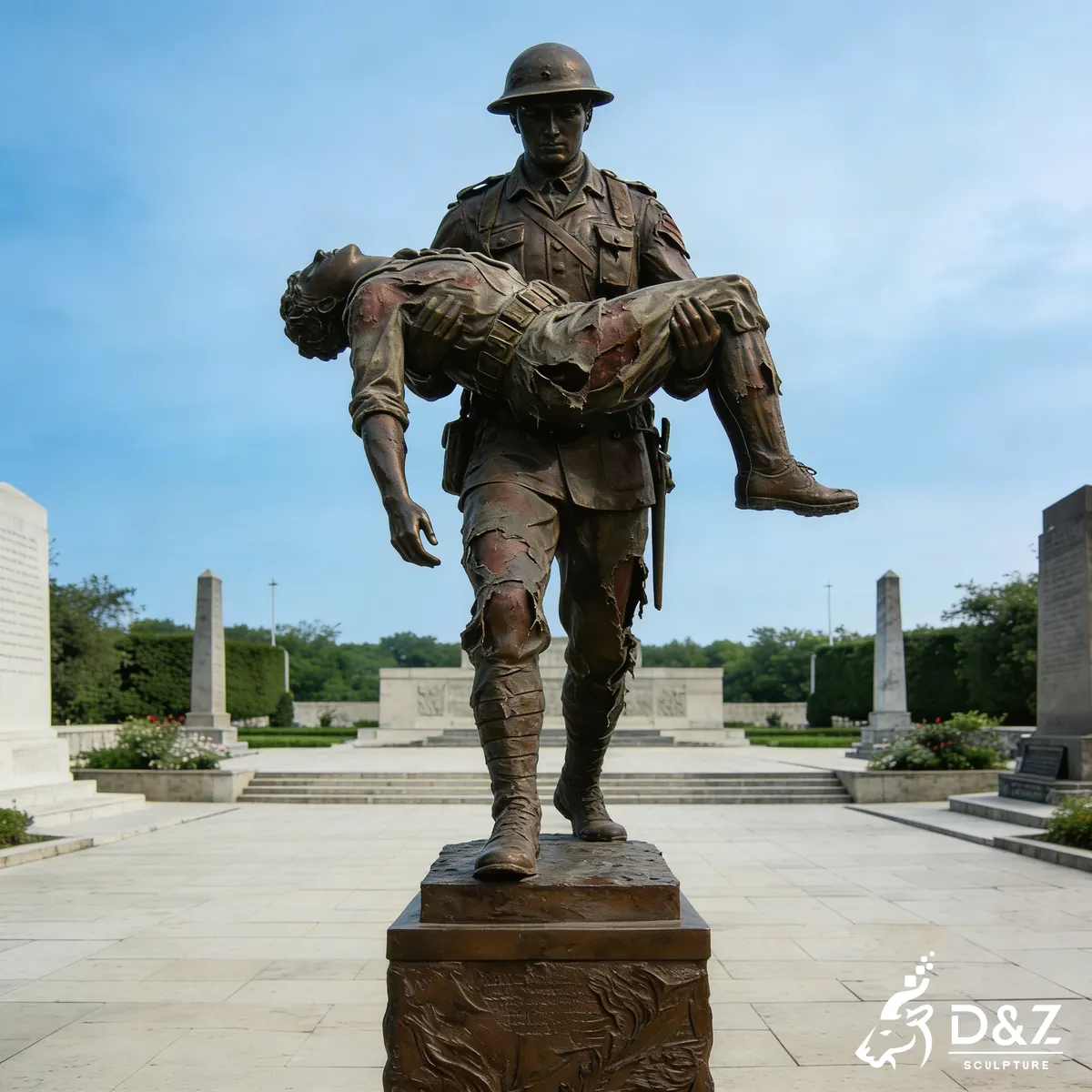 Moving bronze soldier carrying soldier statue depicting brotherhood and military sacrifice. Moving bronze soldier carrying soldier statue depicting brotherhood and military sacrifice.