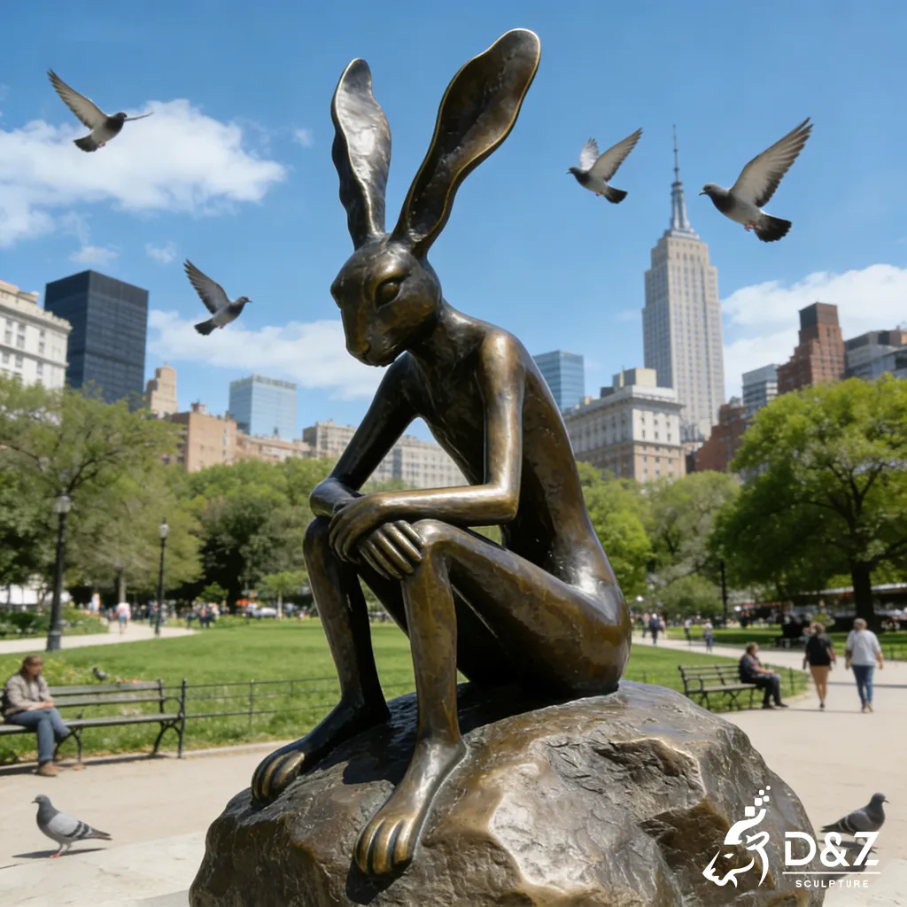 Large Outdoor Bronze Thinking Rabbit Sculpture on A Stone DZN442-2