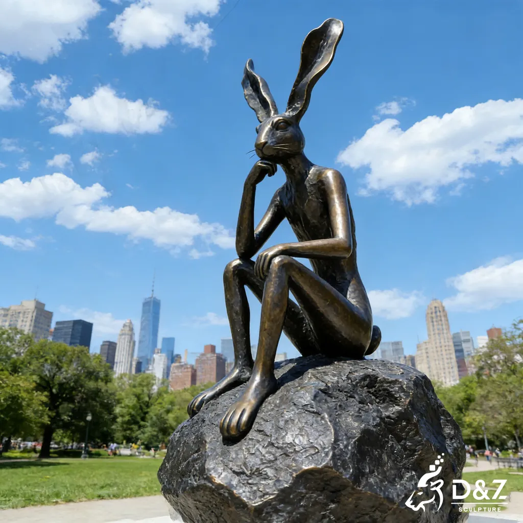 Large Outdoor Bronze Thinking Rabbit Sculpture on A Stone DZN442-3