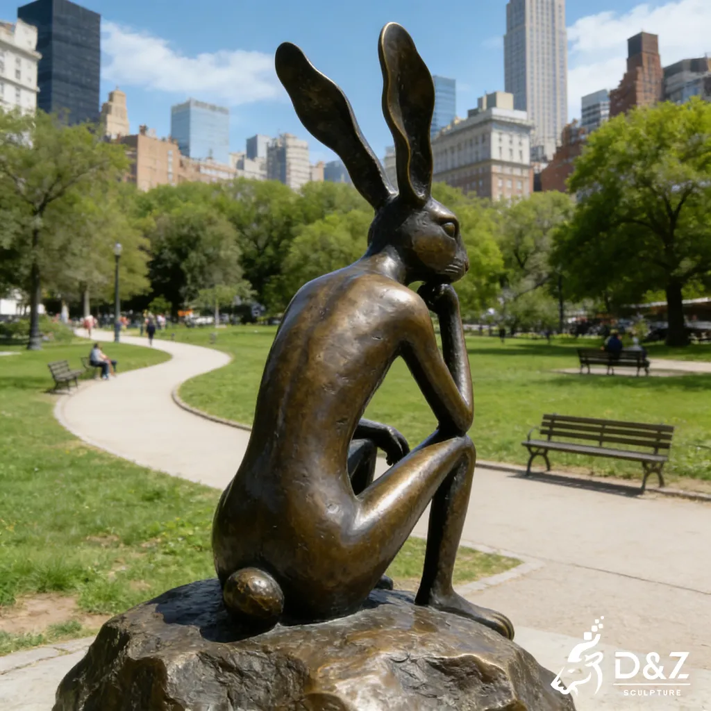 Large Outdoor Bronze Thinking Rabbit Sculpture on A Stone DZN442-4