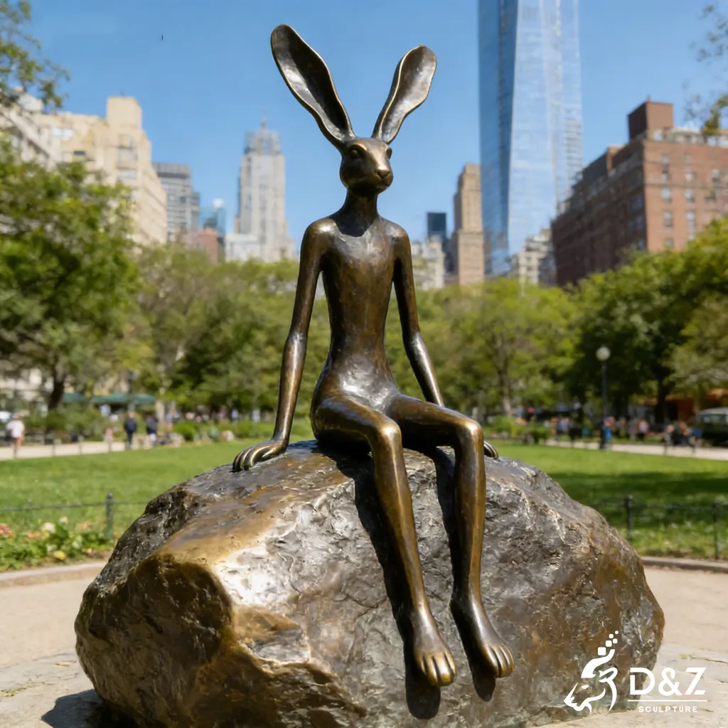 Large Outdoor Bronze Thinking Rabbit Sculpture on A Stone DZN442-5