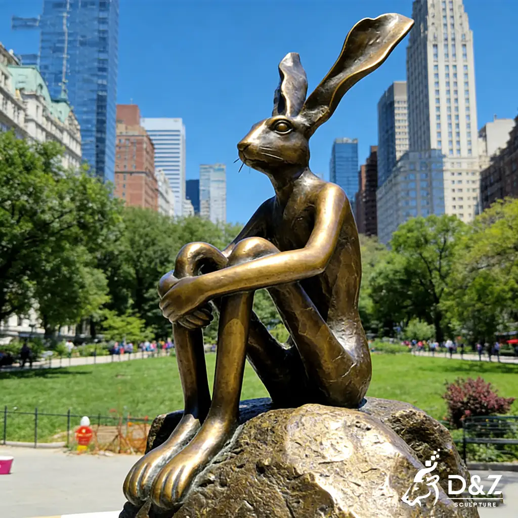 Large Outdoor Bronze Thinking Rabbit Sculpture on A Stone DZN442-6