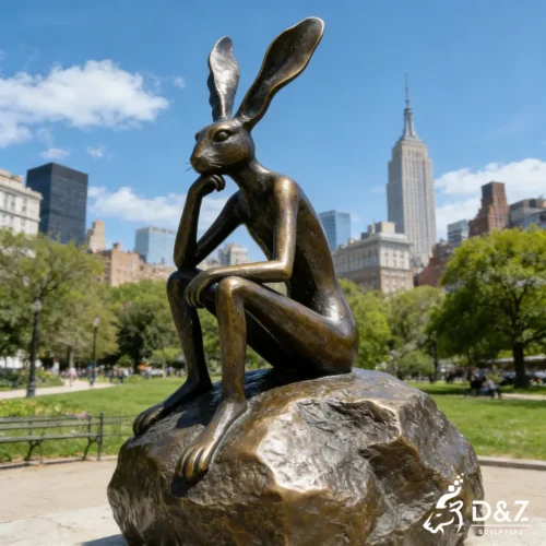 Large Outdoor Bronze Thinking Rabbit Sculpture on A Stone DZN442 Large Outdoor Bronze Thinking Rabbit Sculpture on A Stone DZN442-1