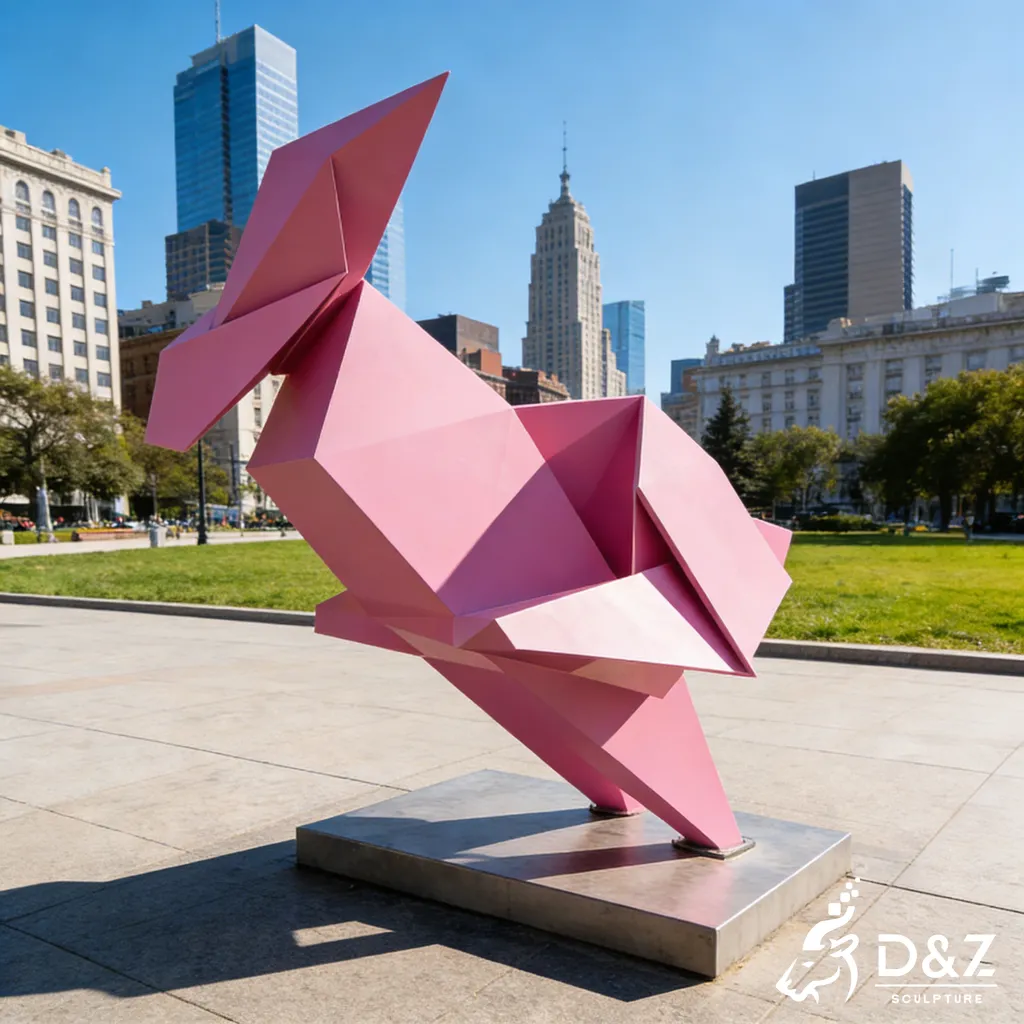 Metal Origami Giant Pink Running Rabbit Garden Sculpture DZN459-2