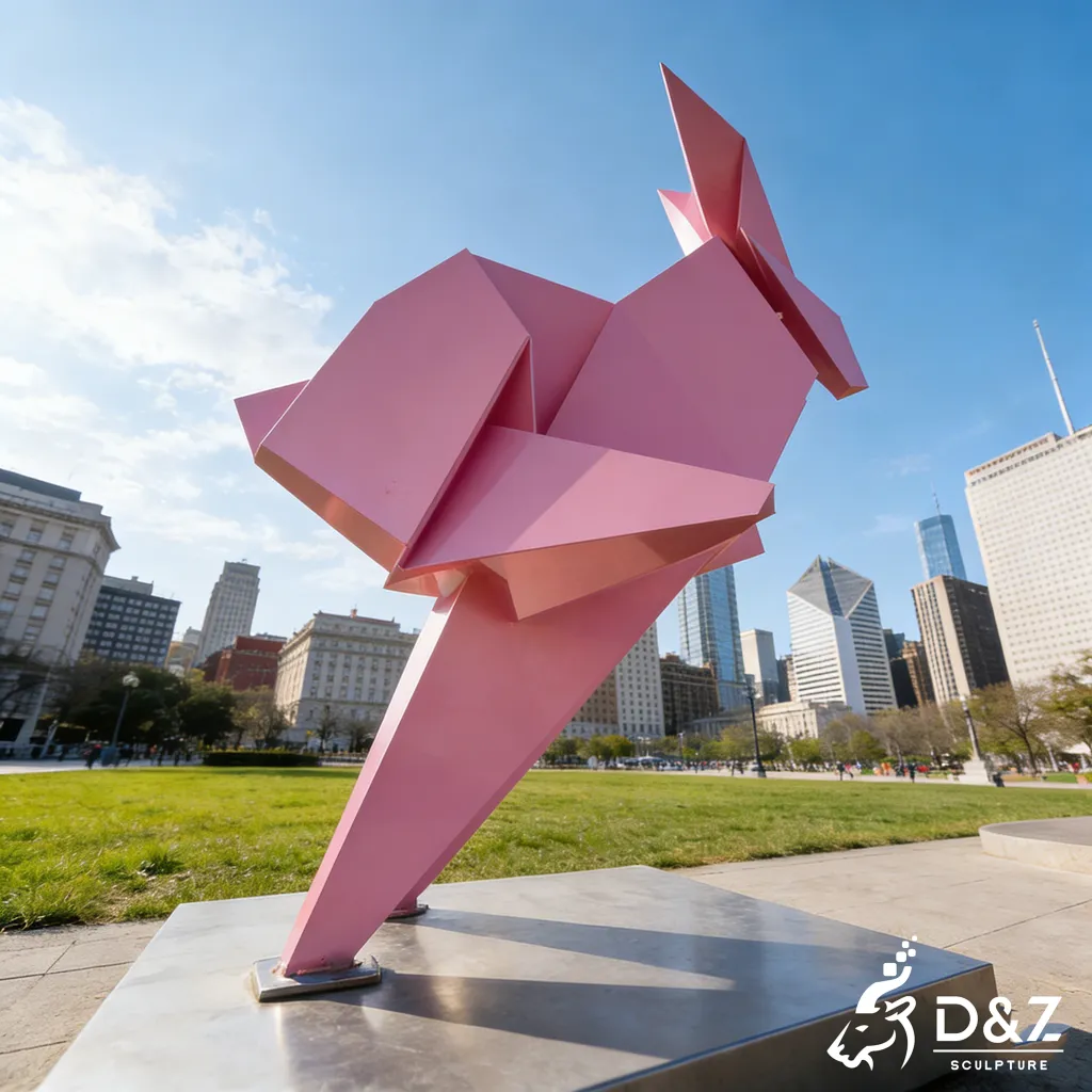 Metal Origami Giant Pink Running Rabbit Garden Sculpture DZN459-3