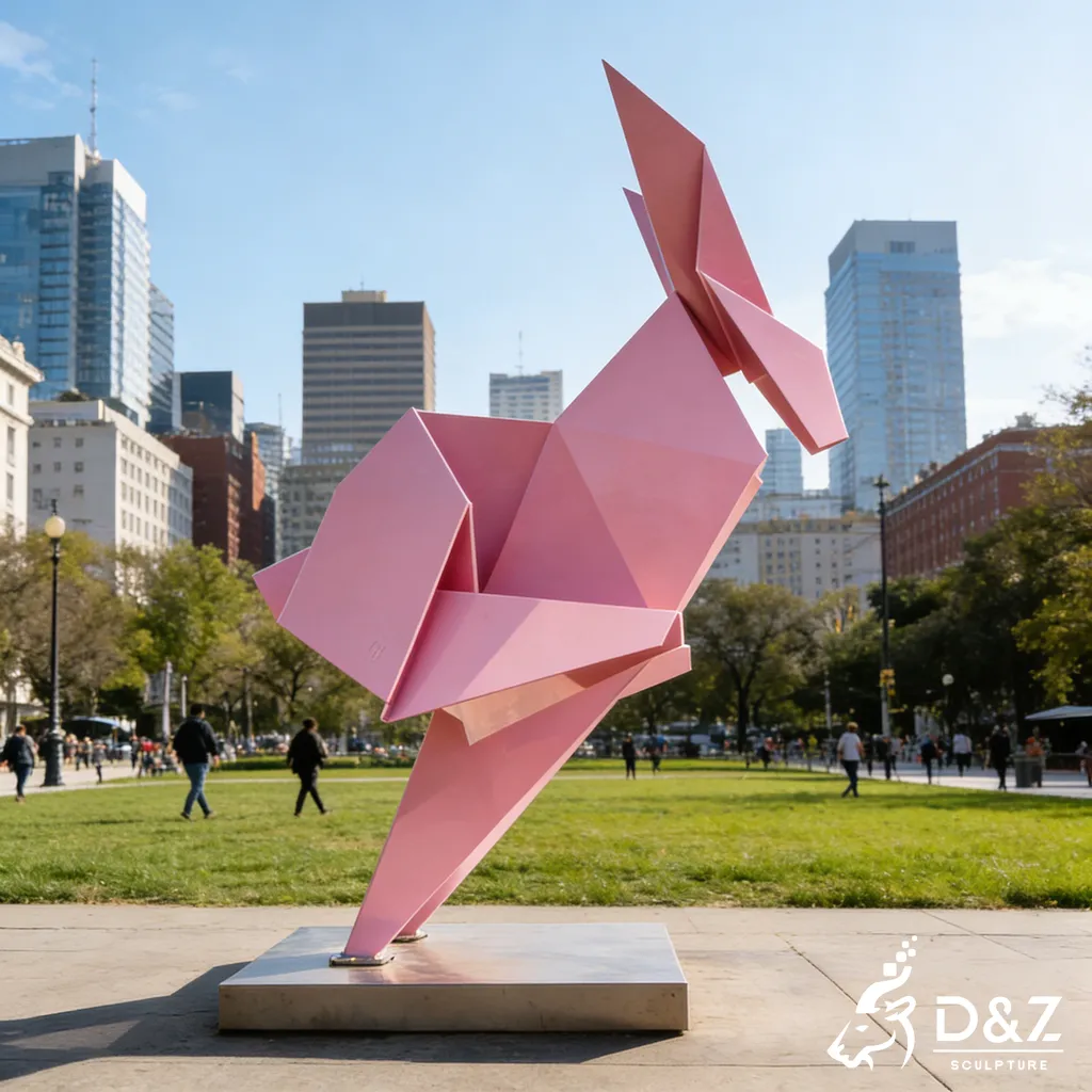 Metal Origami Giant Pink Running Rabbit Garden Sculpture DZN459-4