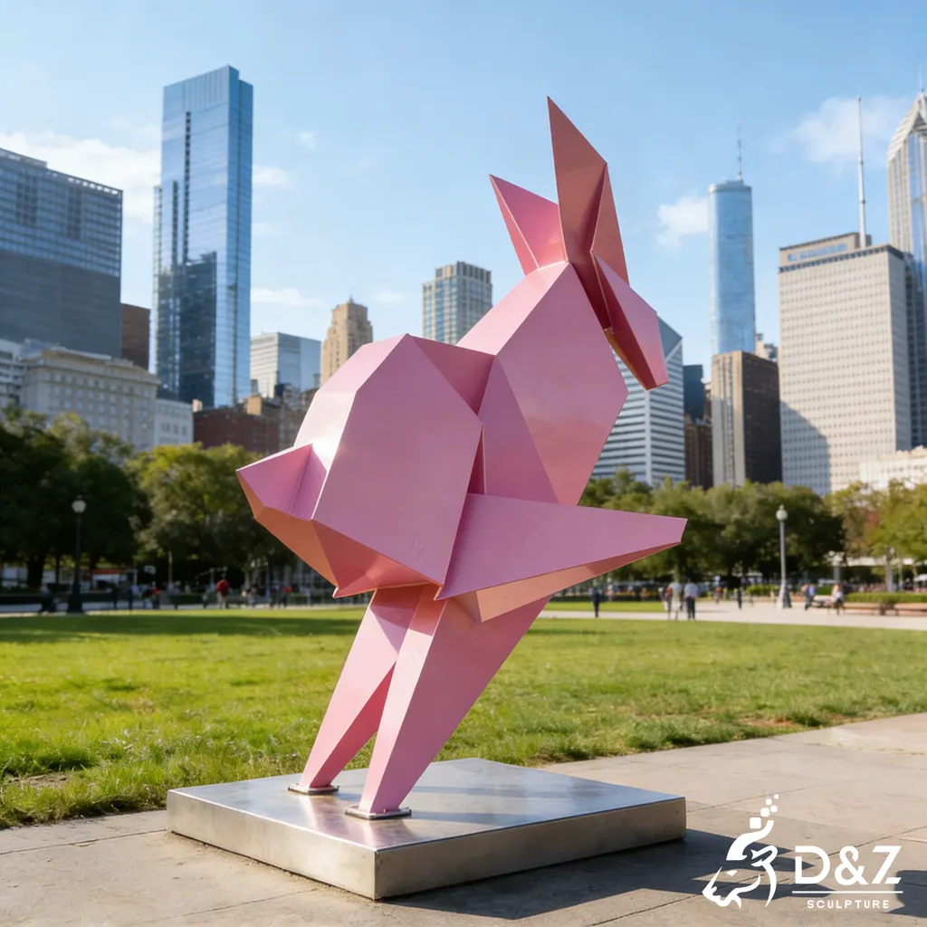 Metal Origami Giant Pink Running Rabbit Garden Sculpture DZN459-5