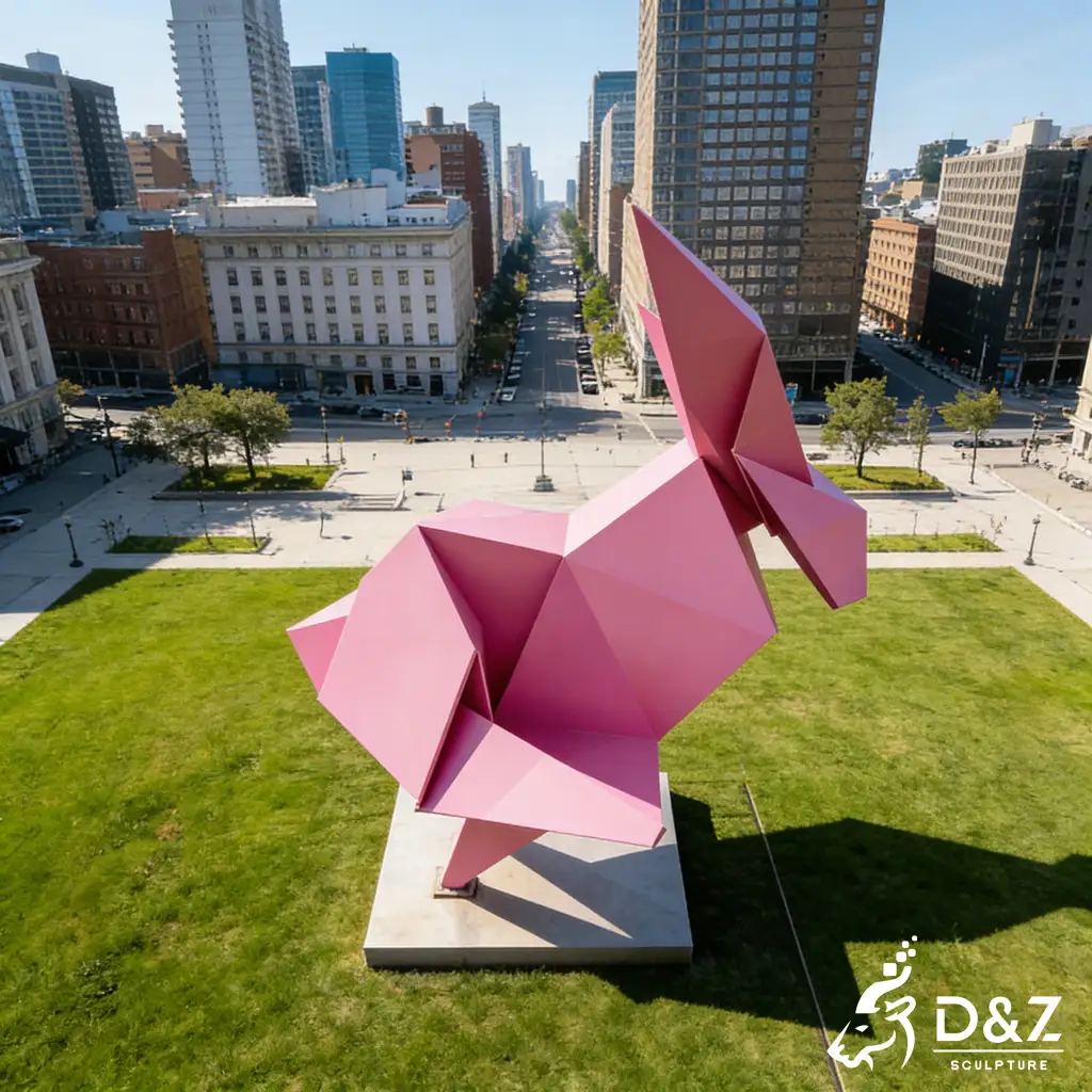 Metal Origami Giant Pink Running Rabbit Garden Sculpture DZN459-6