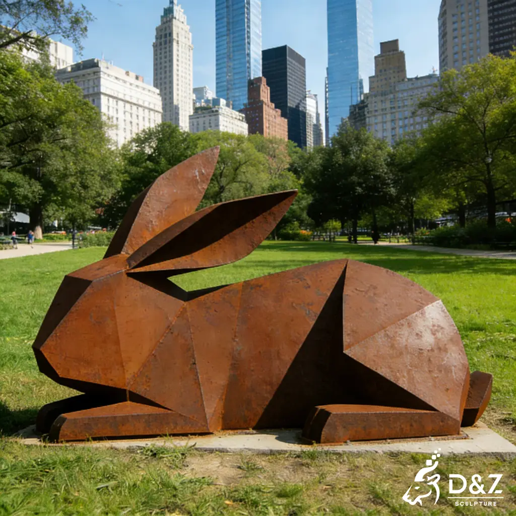 Large Geometric Corten Steel Abstract Rabbit Sculpture DZN453-6