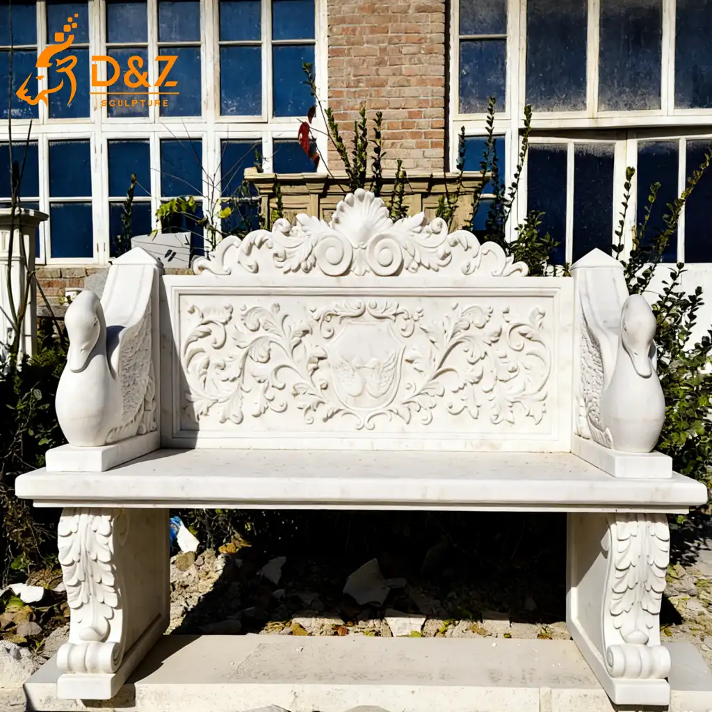 Luxury Hand-Carved Swan White Marble Bench for Garden DZN471-2