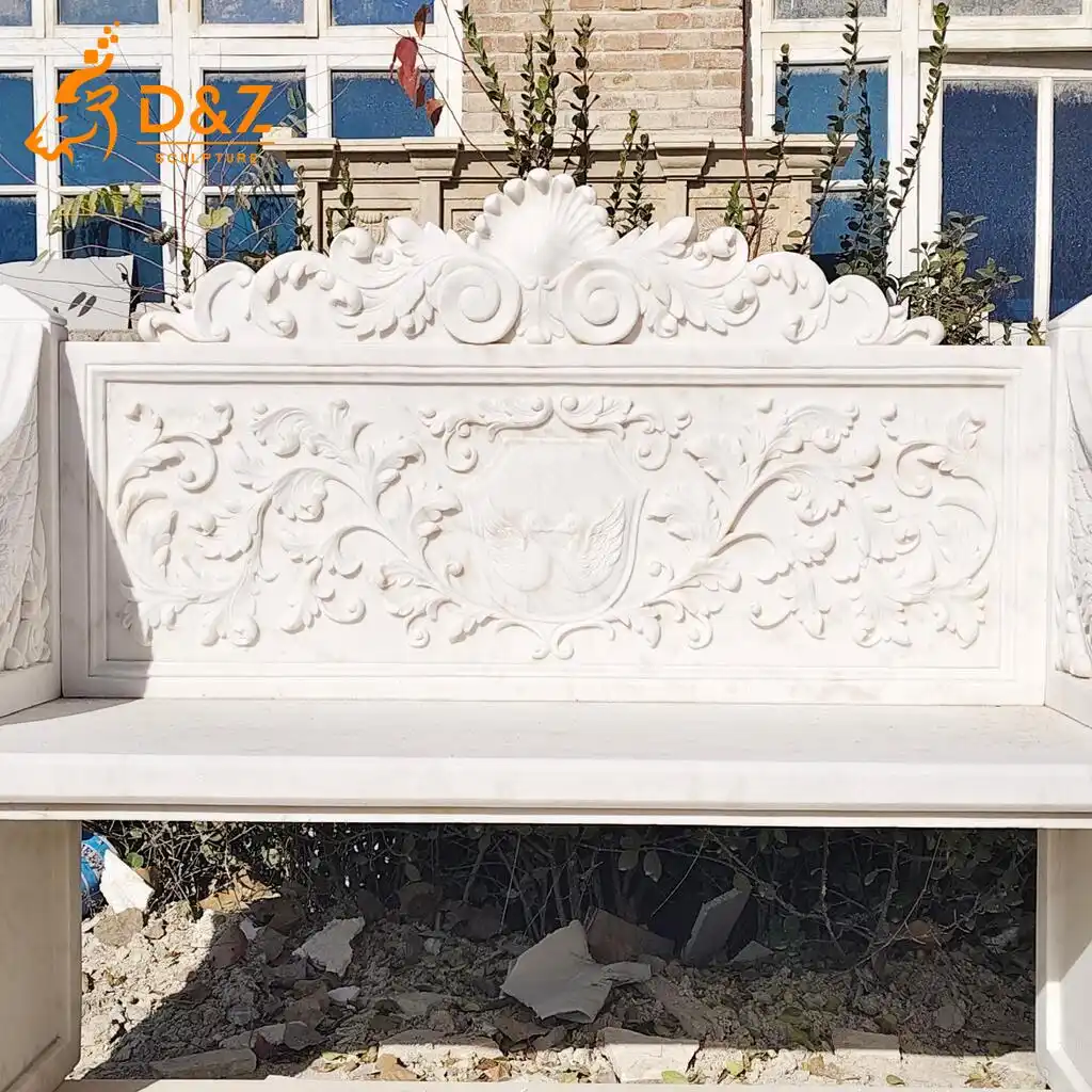 Luxury Hand-Carved Swan White Marble Bench for Garden DZN471-3