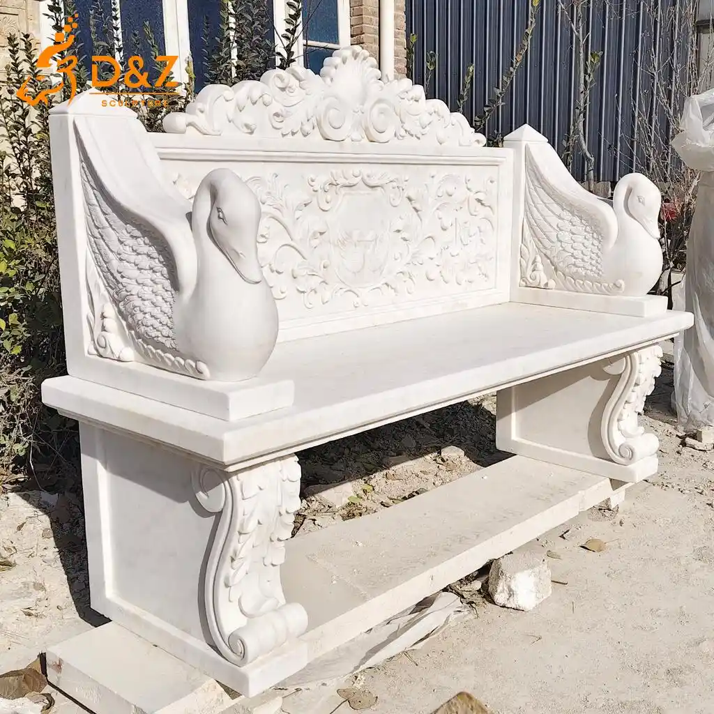 Luxury Hand-Carved Swan White Marble Bench for Garden DZN471-4