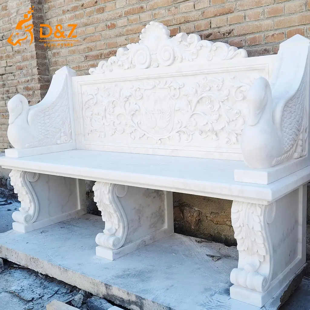 Luxury Hand-Carved Swan White Marble Bench for Garden DZN471-6
