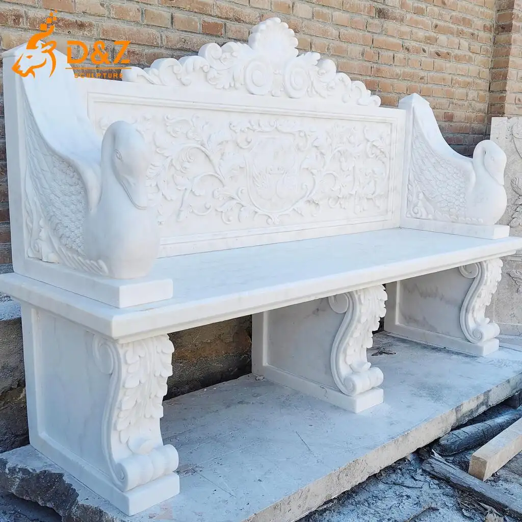 Luxury Hand-Carved Swan White Marble Bench for Garden DZN471-7